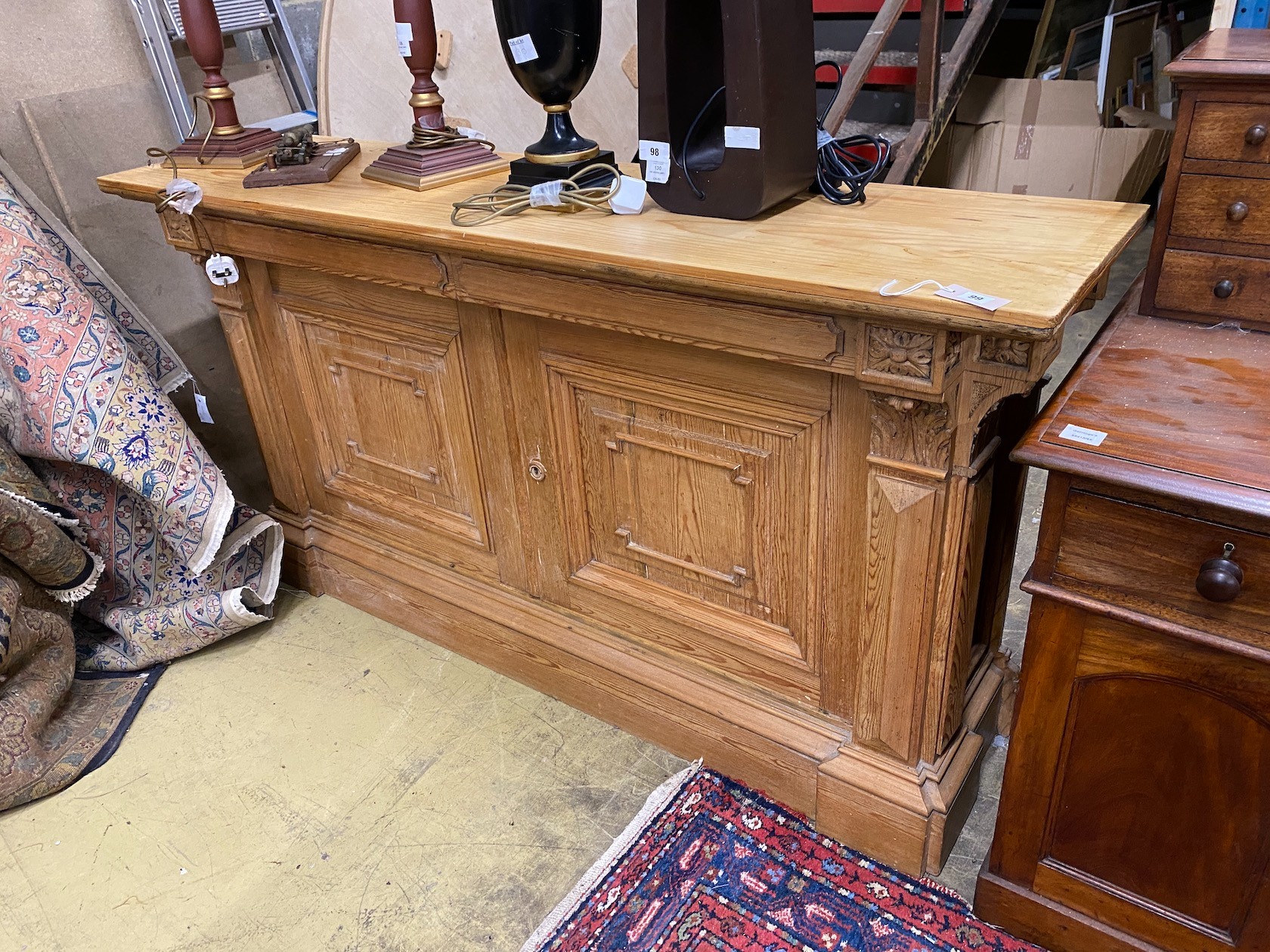 A French pitch pine two door side cabinet, width 173cm, depth 45cm, height 93cm